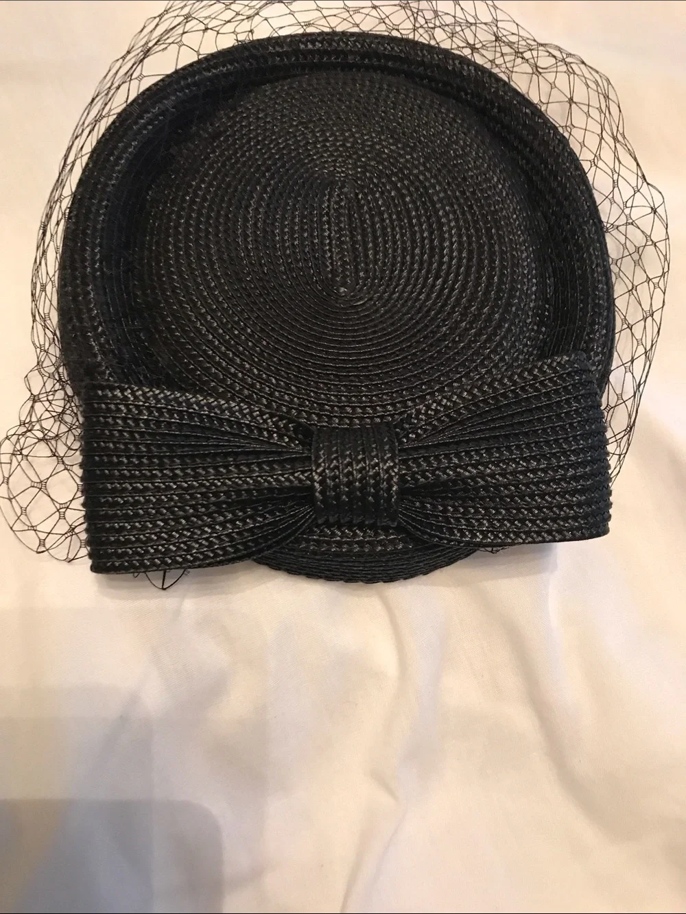 Black Straw Bow Pillbox Hat with Veil - Women Accessories
